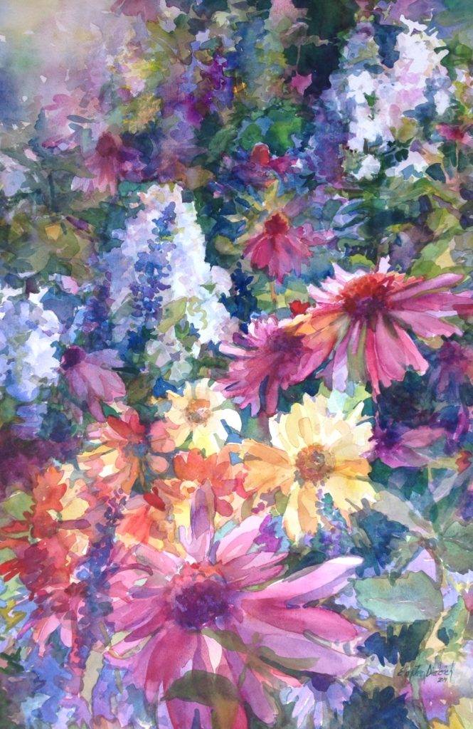 Making a cool dominant painting Painting of the Week “Garden Song” by Fargo Artist Ellen Jean Diederich Phlox, Coneflowers and Salvia are some of my favorite flowers. In fact, I went little nuts on them in this painting. This painting is cool dominant with its blues, violets, and magenta hues. The streak of lemon yellow from Coreopsis breaks the coolness about 1/3 of the way from the bottom with their red- orange accents “the warmest of warms” contrasting the temperature! The cool harmonies of the colors give this painting